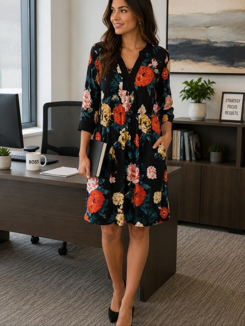Ellen Tracy Black Floral V-Neck Womens Dress with Pockets